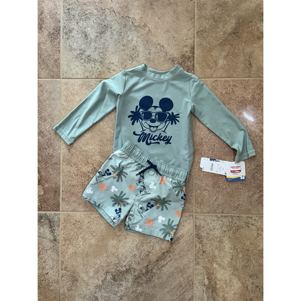 Disney Junior Mickey Mouse Toddler Boy 2T Green Swim Suit Set Shirt & Trunks NWT